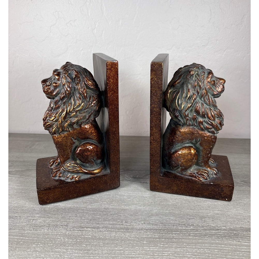 Vintage Style Bronze Verdigris Lion Bookends Set Regal Library Office Decor